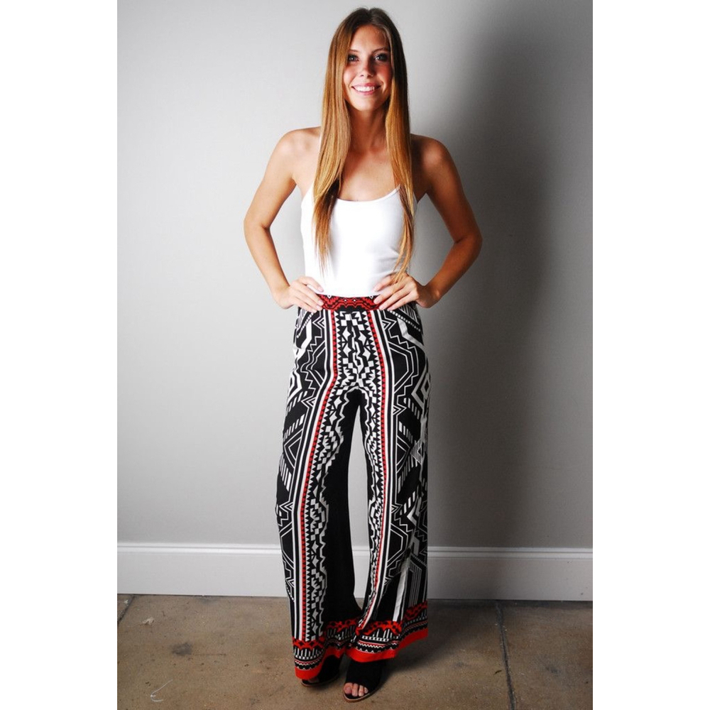 Women's Jealous Tomato L Black Red White Tribal Print Wide Leg Pants - Picture 2 of 15